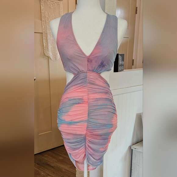 Fashion Nova Dresses & Skirts - Lightly Worn- FASHION NOVA -Multi-colored Mesh Bodycon Sheath- Tie Back -Size S